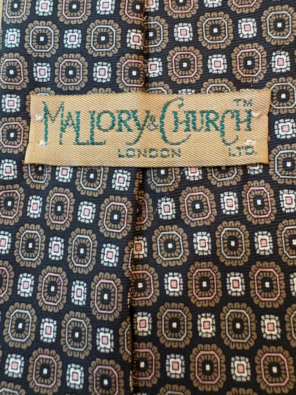 Vintage Mallory & Church London Silk Medallion Tie 3.5” Classic Navy Copper